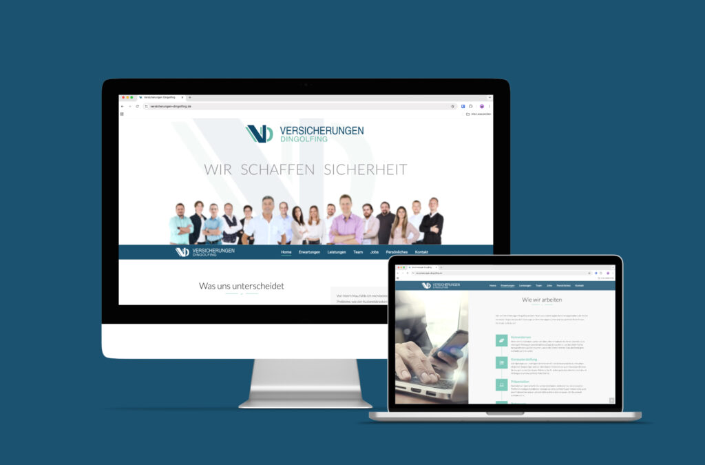 Die responsiv gestaltete Website der Versicherungen Dingolfing gezeigt auf Desktop und Laptop