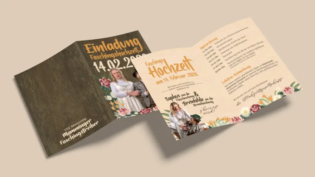 Einladungskarte für die Mamminger Faschingshochzeit 2026 mit vier Seiten im altertümlichen Look mit Bauernmalereien