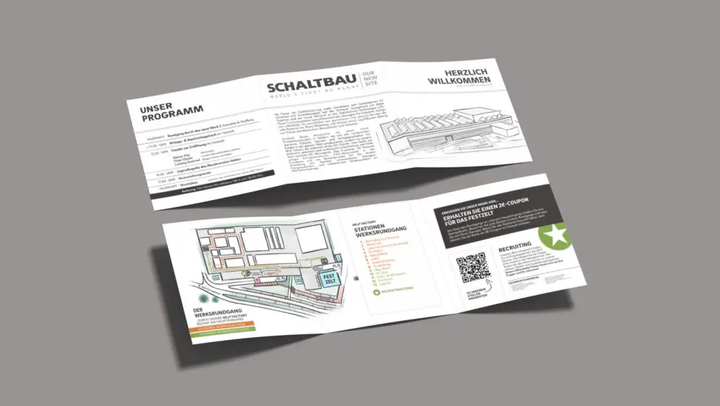Falzflyer zur Werk-Eröffnung von Schaltbau mit Lageplan, Programm und mehr